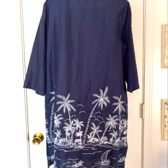 Talbots Dress Blue 100% Linen Embroidered Palm Trees Sailboat Beach Size L - Picture 10 of 15